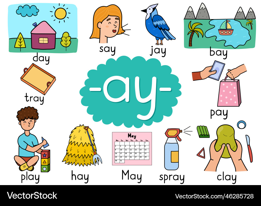 Ay digraph spelling rule educational poster set Ay digraph spelling rule educational poster set vector image