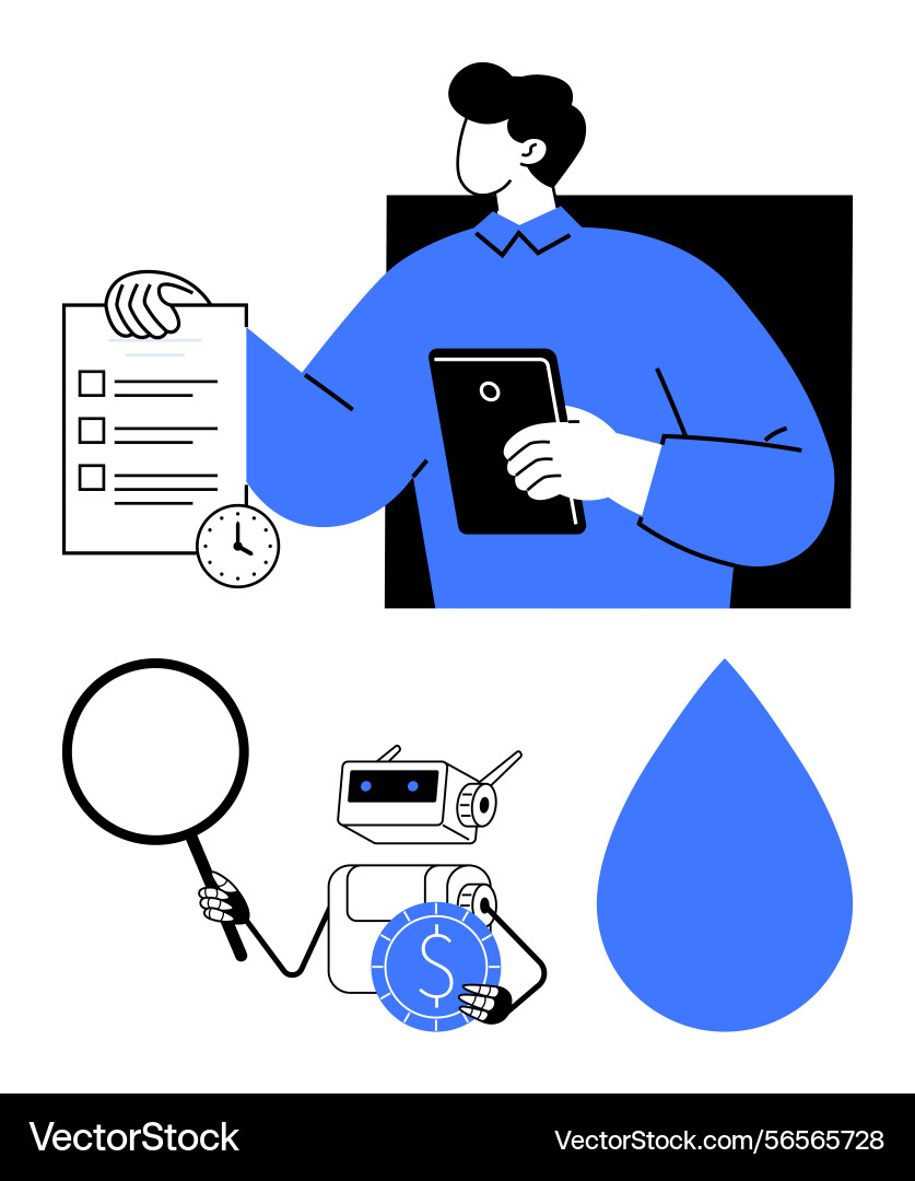 Man holding tablet with checklist robot analyzing Man holding tablet with checklist robot analyzing vector image