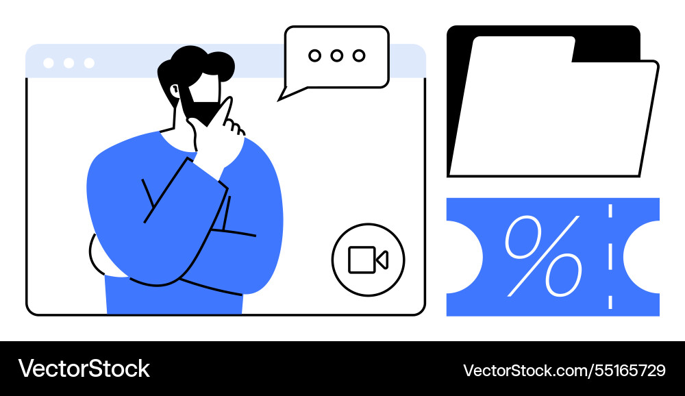 Contemplative person on video call with folder Contemplative person on video call with folder Vector Image