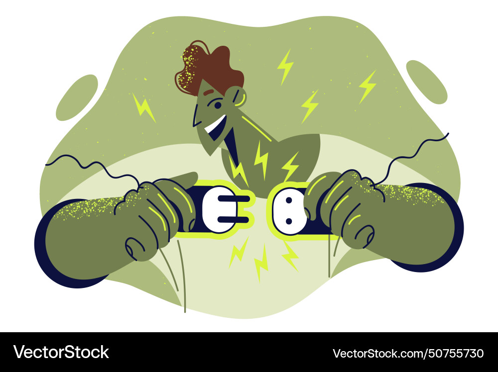 Man plugs plug into socket and rejoices Vector Image