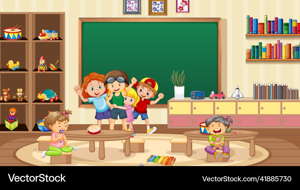 Scene with children playing in classroom Scene with children playing in classroom Vector Image