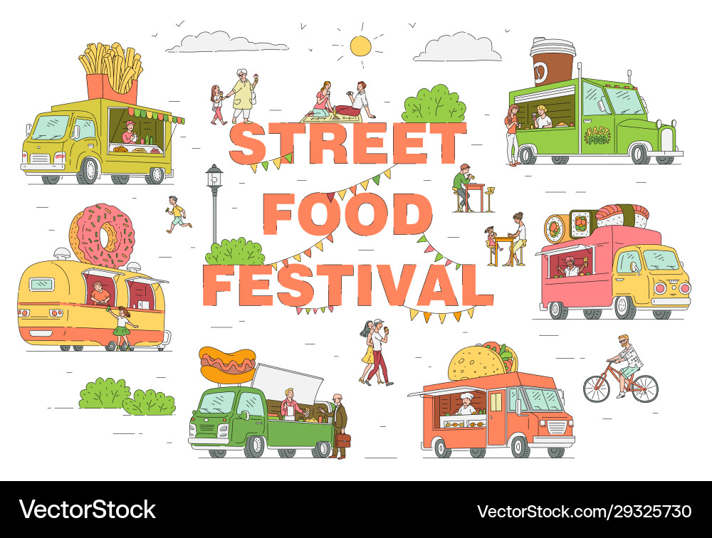 Street Food Festival Trucks Set Skizze Street Food Festival Trucks Set Skizze vektorbild