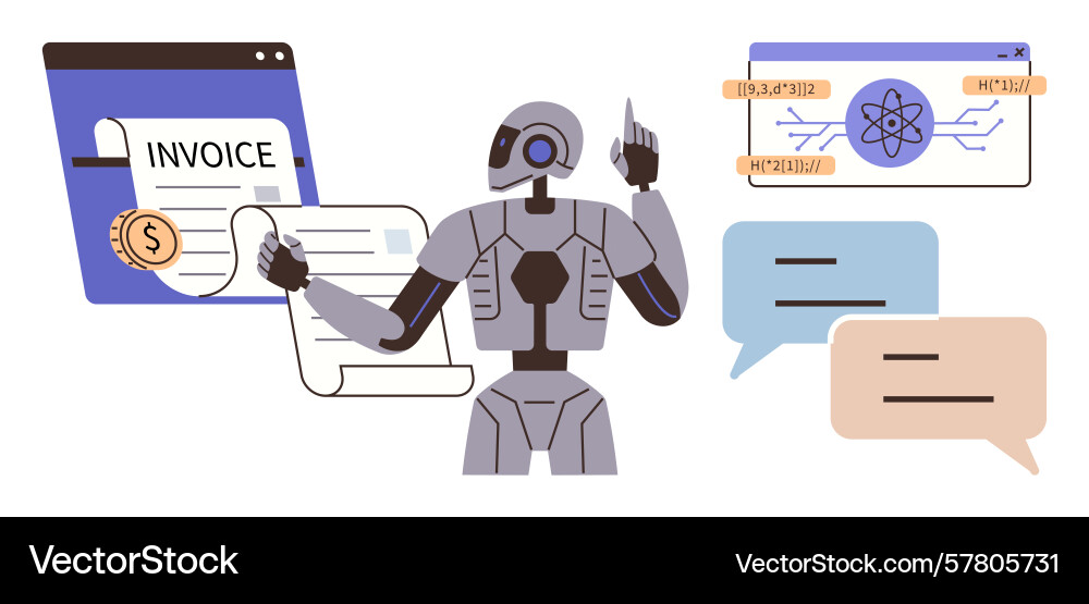 Ai robot assisting with invoice management coding vector image