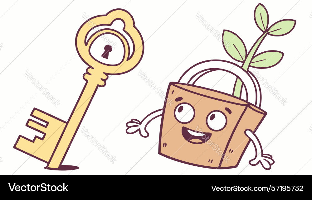 Happy key and padlock characters security design vector image