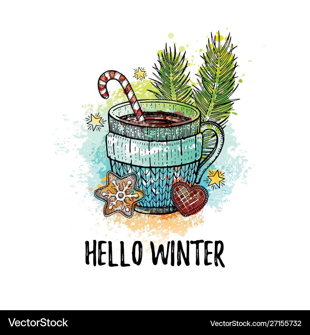 Hello winter hand drawn doodle poster hot tea Hello winter hand drawn doodle poster hot tea vector image