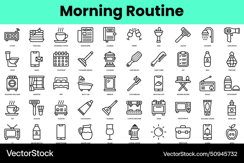 Set of morning routine icons linear style icon Set of morning routine icons linear style icon vector image