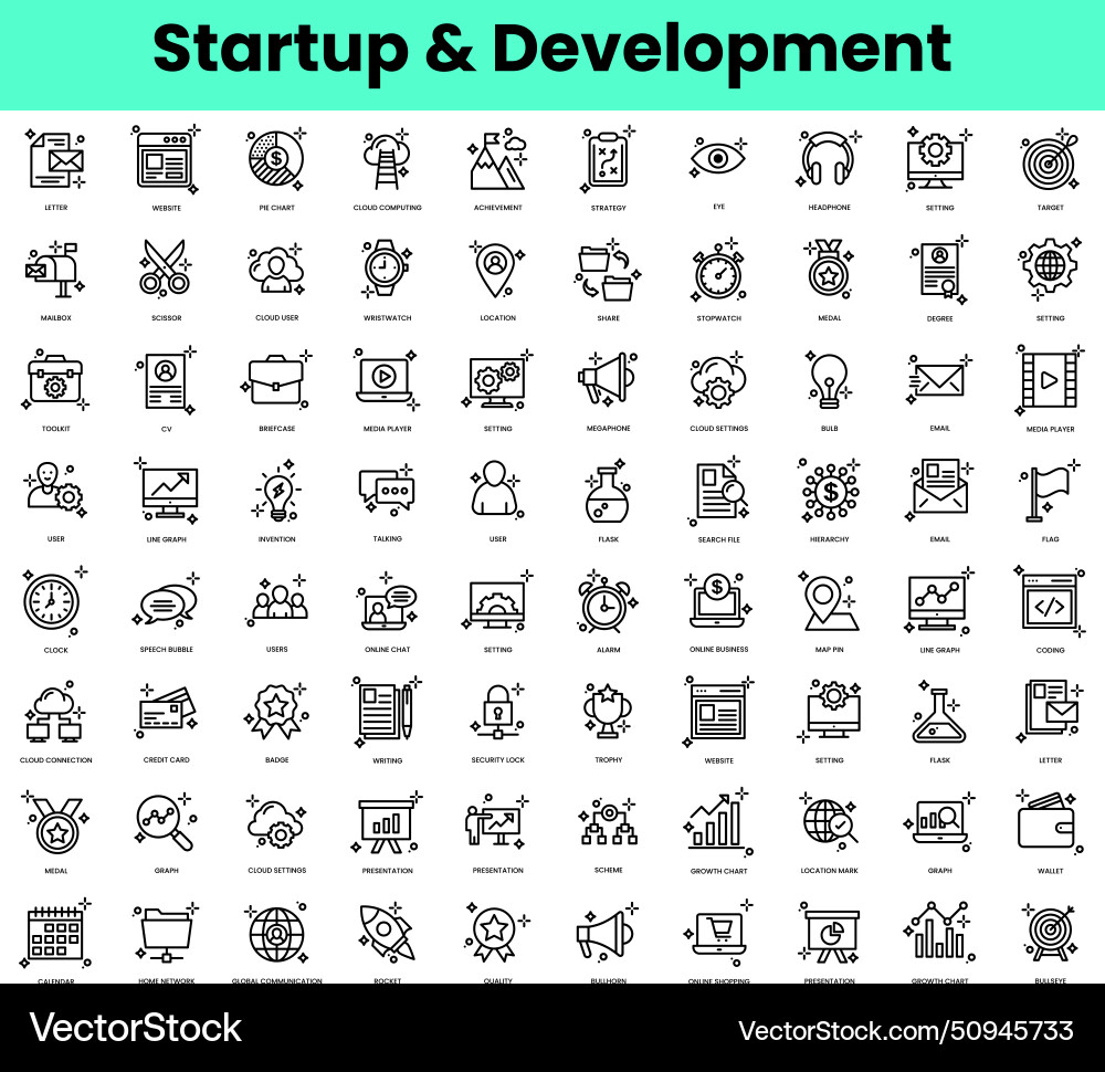 Set of startup and development icons linear style Set of startup and development icons linear style Vector Image