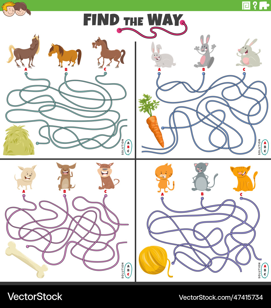 Finden Sie den Weg Labyrinth Spiele mit Tierzeichen gesetzt Vektorbild