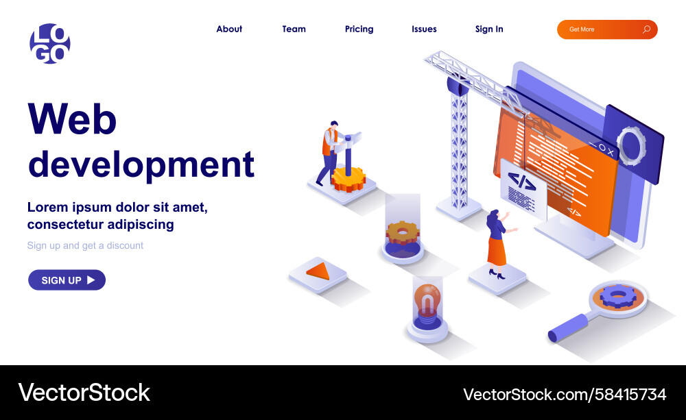 Isometric Web Development Landing Page Vector Image