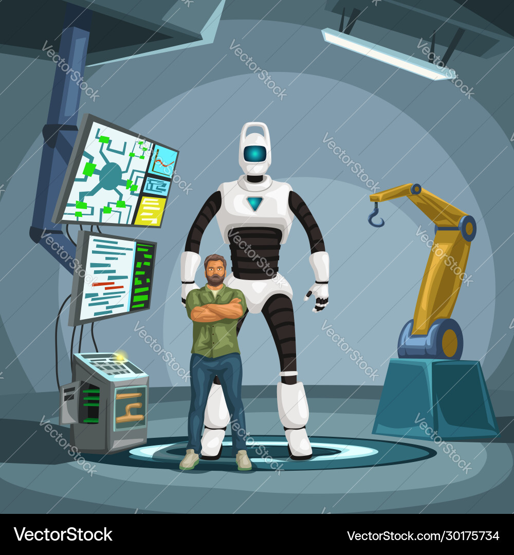 Robot Engineer with Cyborg in Lab vector image