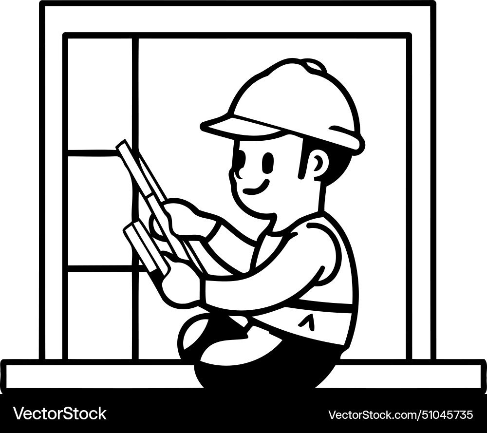 Worker installing window in flat cartoon style Vector Image