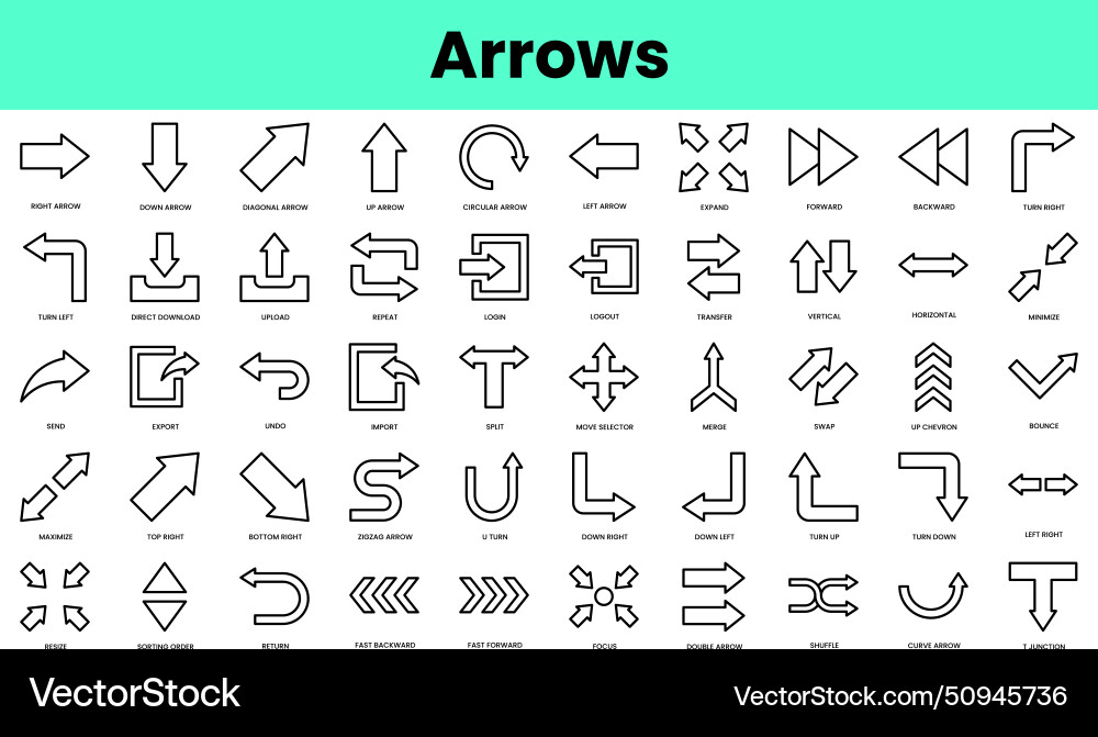 Set of arrows icons linear style icon bundle Set of arrows icons linear style icon bundle vector image