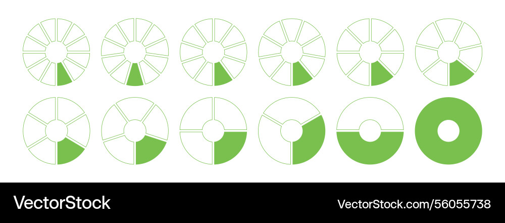Donut charts segmented on from 1 to 12 equal parts Donut charts segmented on from 1 to 12 equal parts vector image