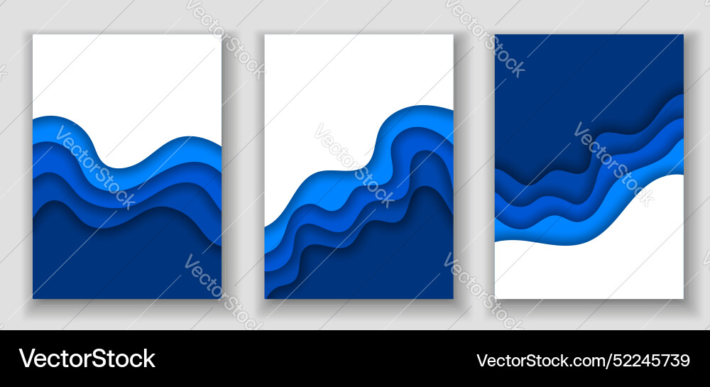Blue water waves paper cut banners sea and ocean Blue water waves paper cut banners sea and ocean vector image