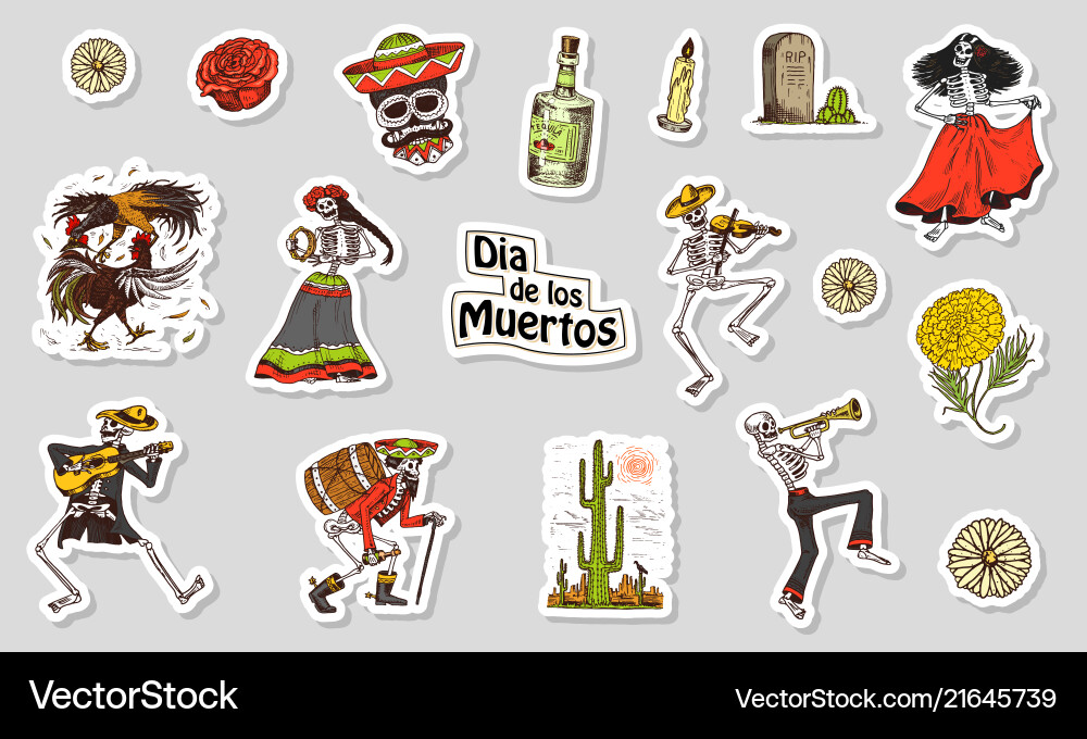Dancing skeletons day of the dead stickers Dancing skeletons day of the dead stickers vector image