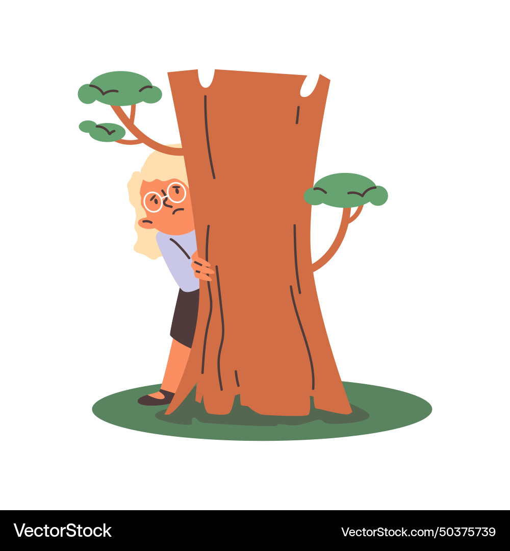 Scared child hiding behind the tree and peeping Scared child hiding behind the tree and peeping vector image