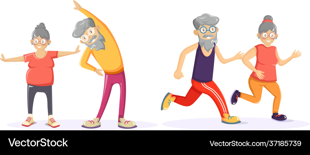 Senior age couple together running and doing vector image