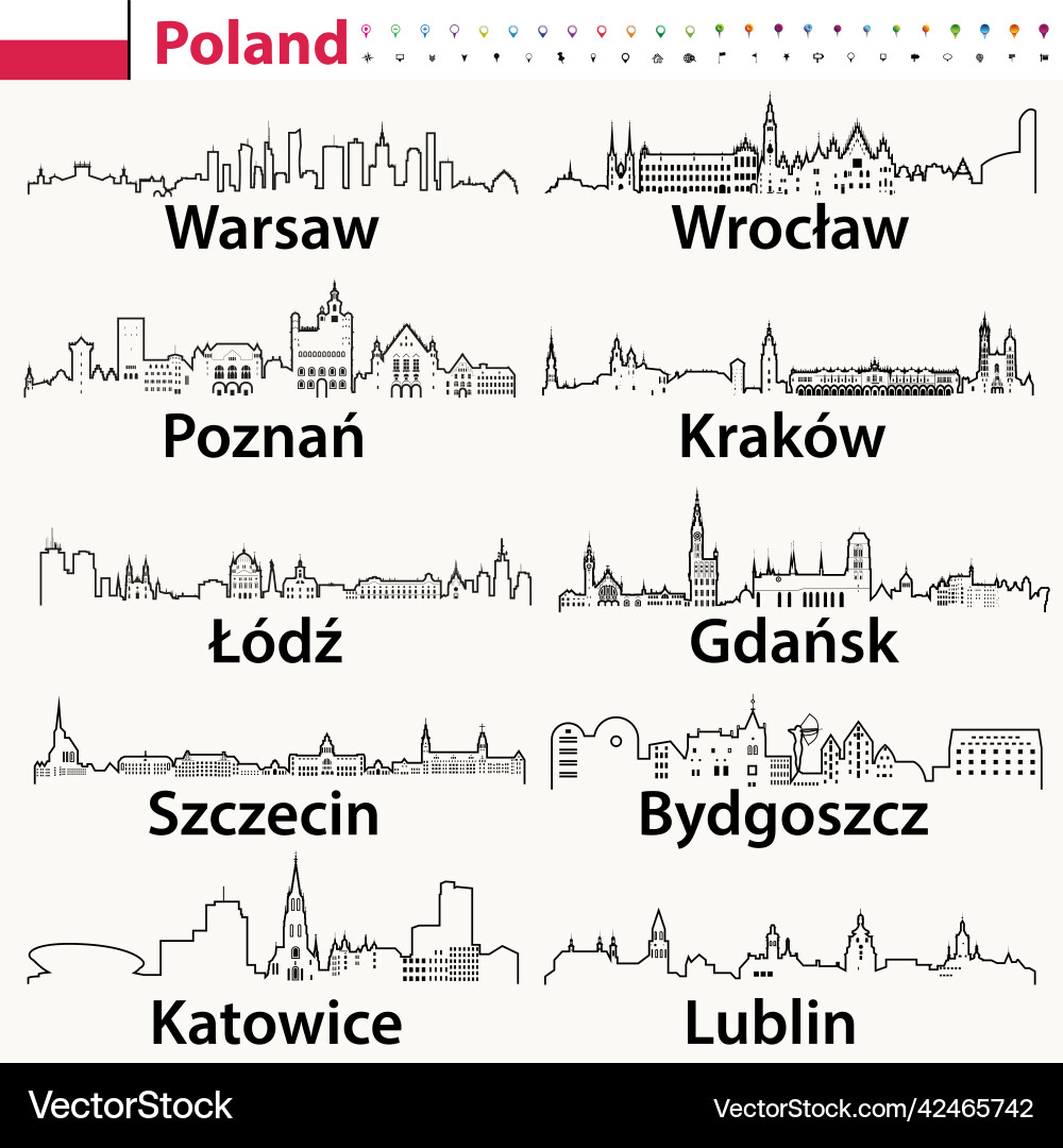 Poland cities skylines outline icons vector image