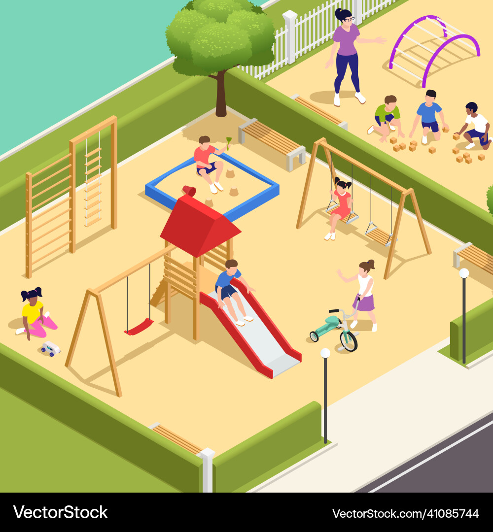 Kindergarten colored isometric composition Kindergarten colored isometric composition vector image
