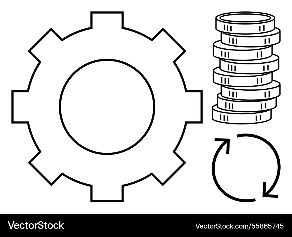 Gear coin stack and circular arrows representing Gear coin stack and circular arrows representing Vector Image