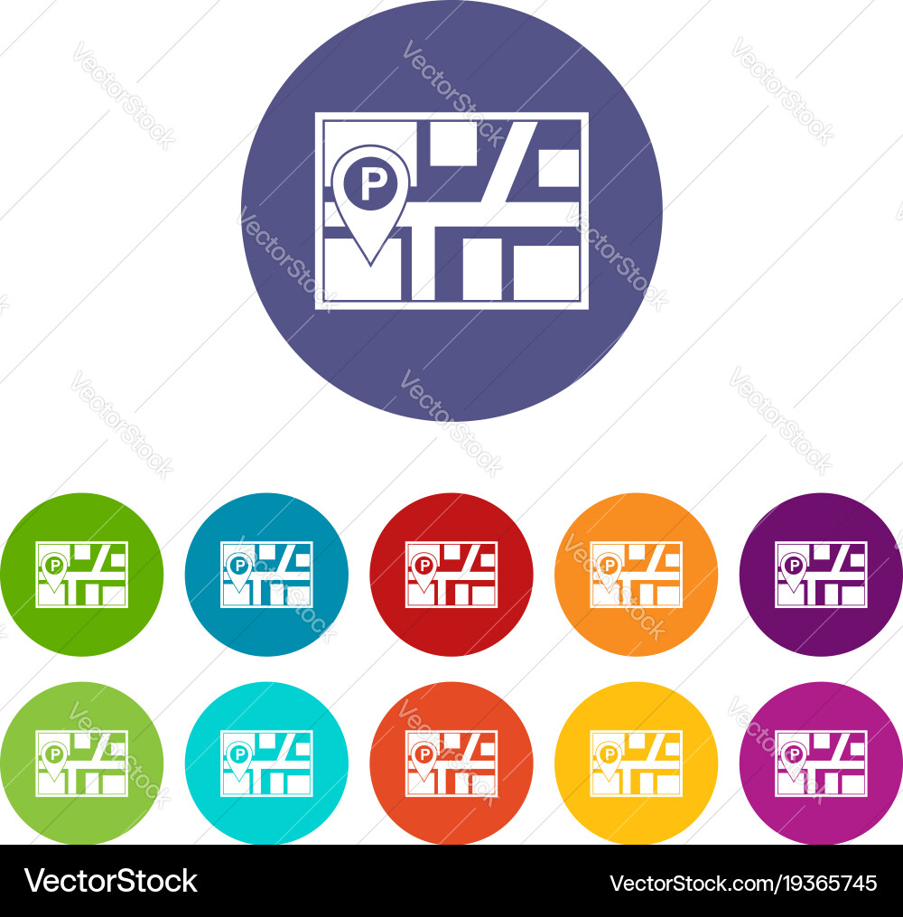 Map with car parking pointer set icons vector image