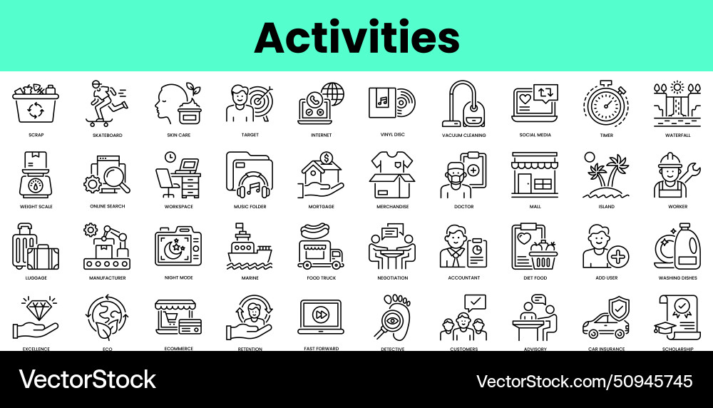 Set of activities icons linear style icon bundle Set of activities icons linear style icon bundle vector image