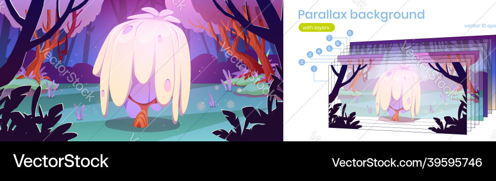 Parallax background with fantasy tree in forest Parallax background with fantasy tree in forest vector image