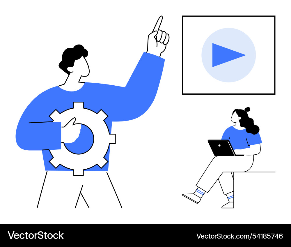 Person pointing to screen with play button while Person pointing to screen with play button while vector image