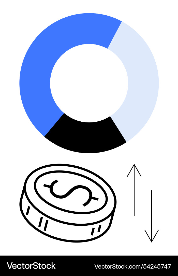 Circular pie chart with coin and arrows Circular pie chart with coin and arrows vector image