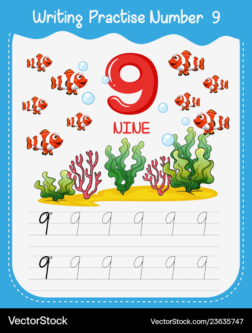 How to write number nine worksheet How to write number nine worksheet vector image