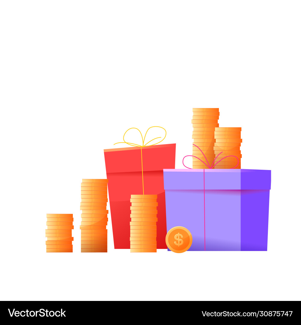 Present boxes pile gold coins stack Present boxes pile gold coins stack vector image