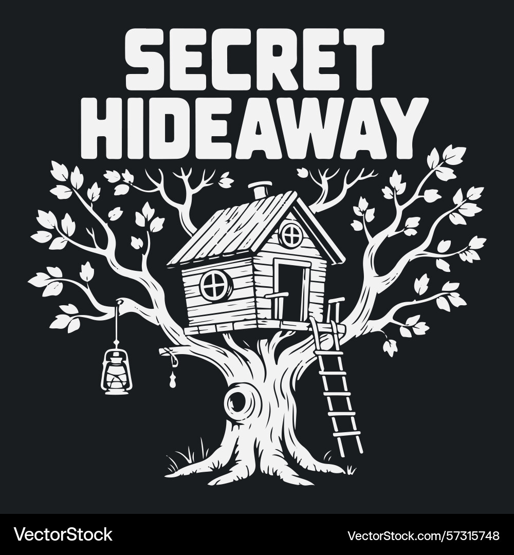 A treehouse with secret hideaway text above Vector Image