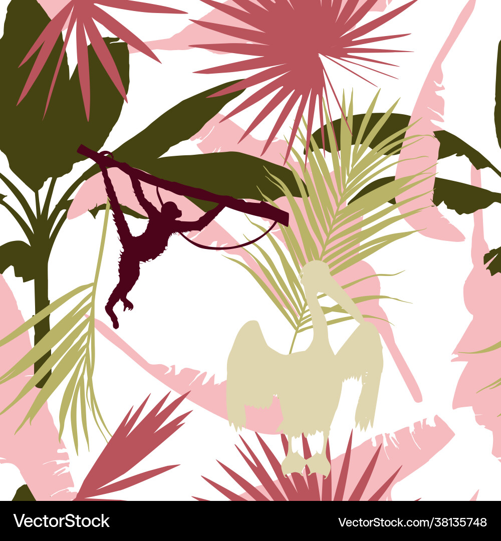 Pelican bird monkey with colored tropical leaves Pelican bird monkey with colored tropical leaves vector image