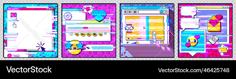 Social media posts computer interface with glitch Social media posts computer interface with glitch vector image