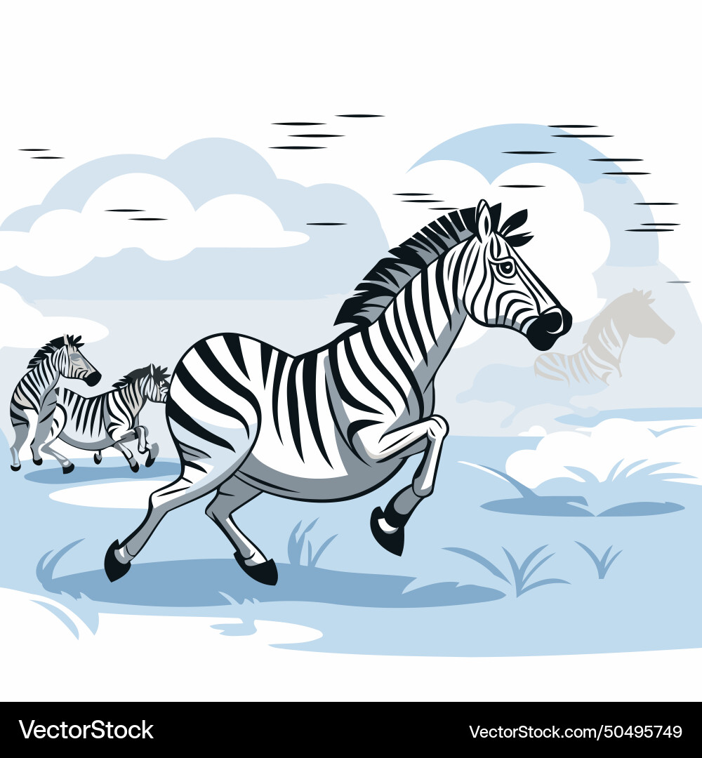 A zebra running in the field with many zebras Vector Image