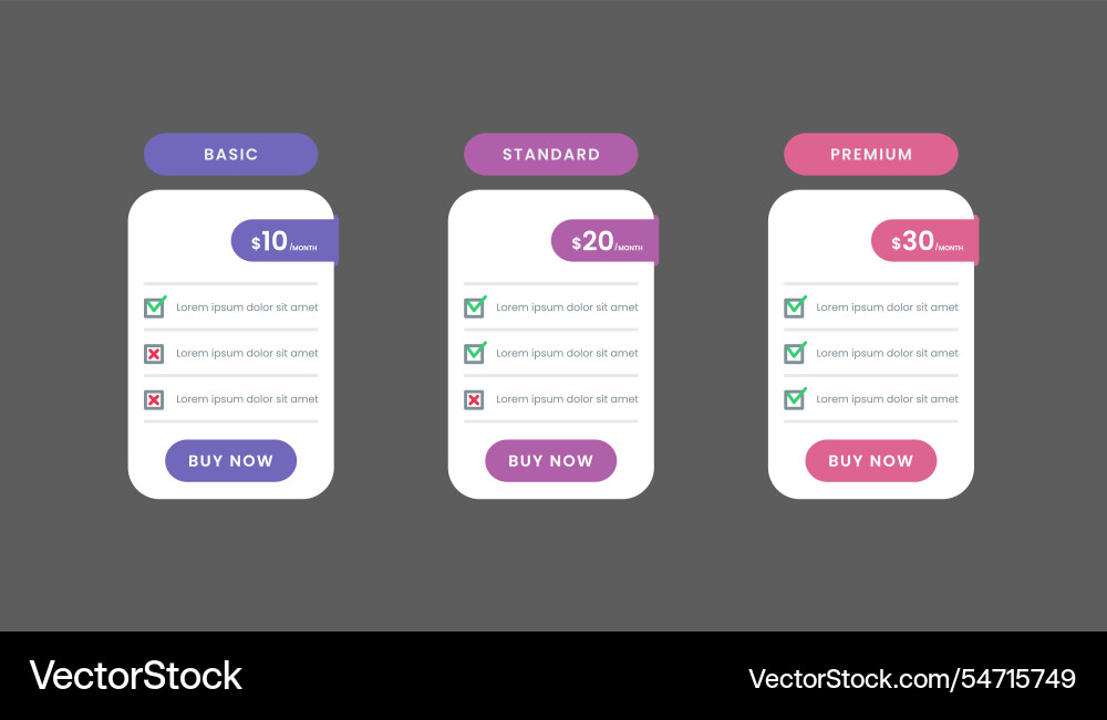 Pricing table template design with three Vector Image