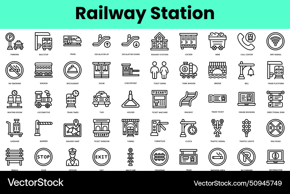 Set of railway station icons linear style icon Set of railway station icons linear style icon vector image