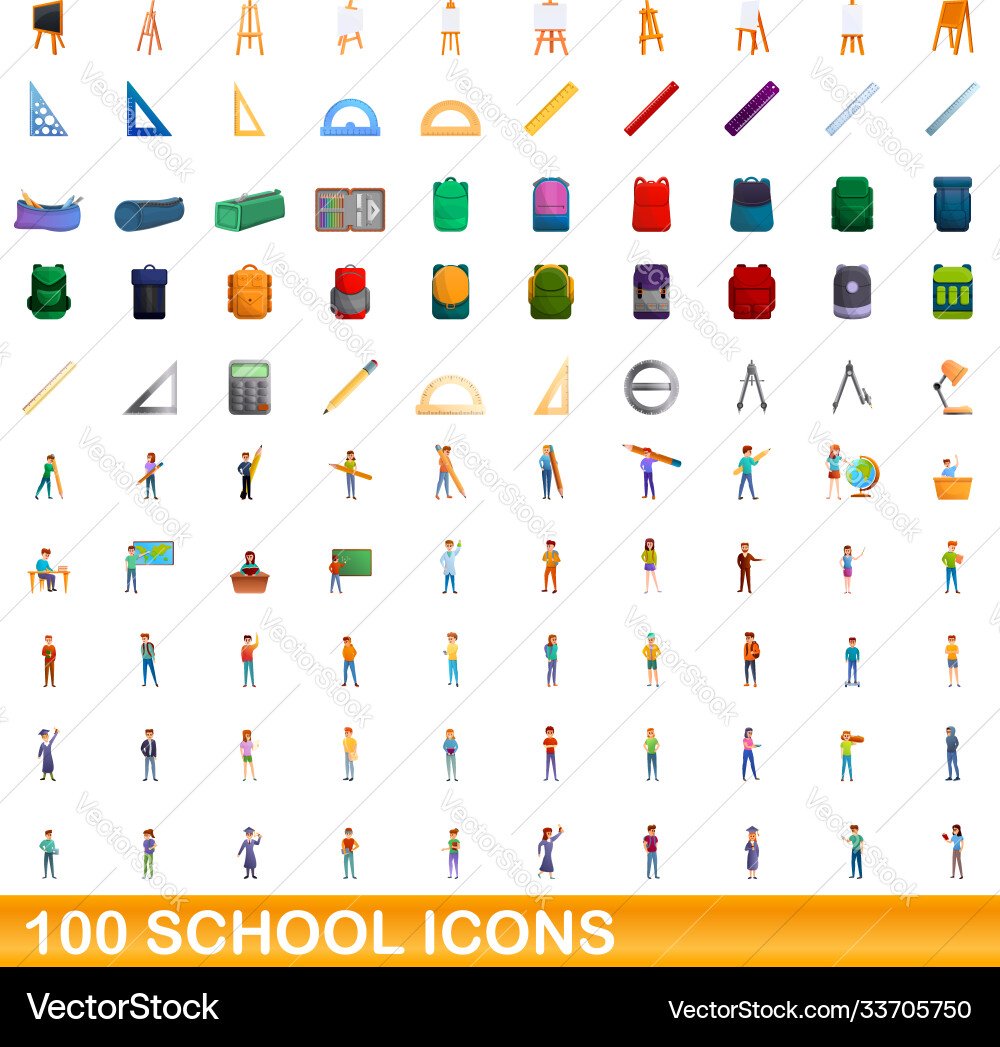 100 school icons set cartoon style 100 school icons set cartoon style Vector Image