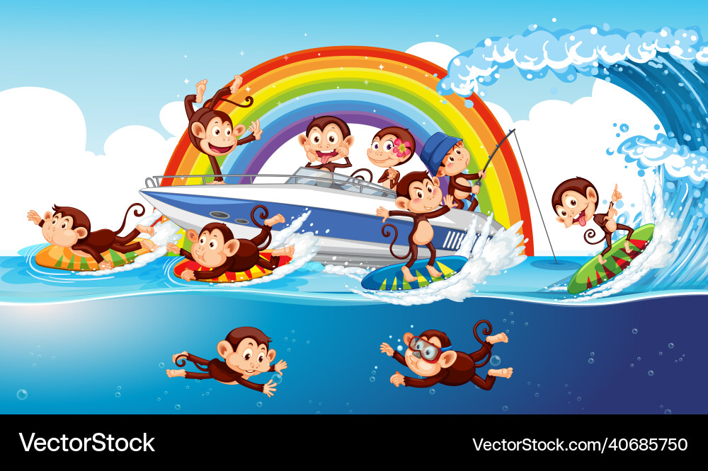 Beach scene with monkeys doing different Beach scene with monkeys doing different vector image