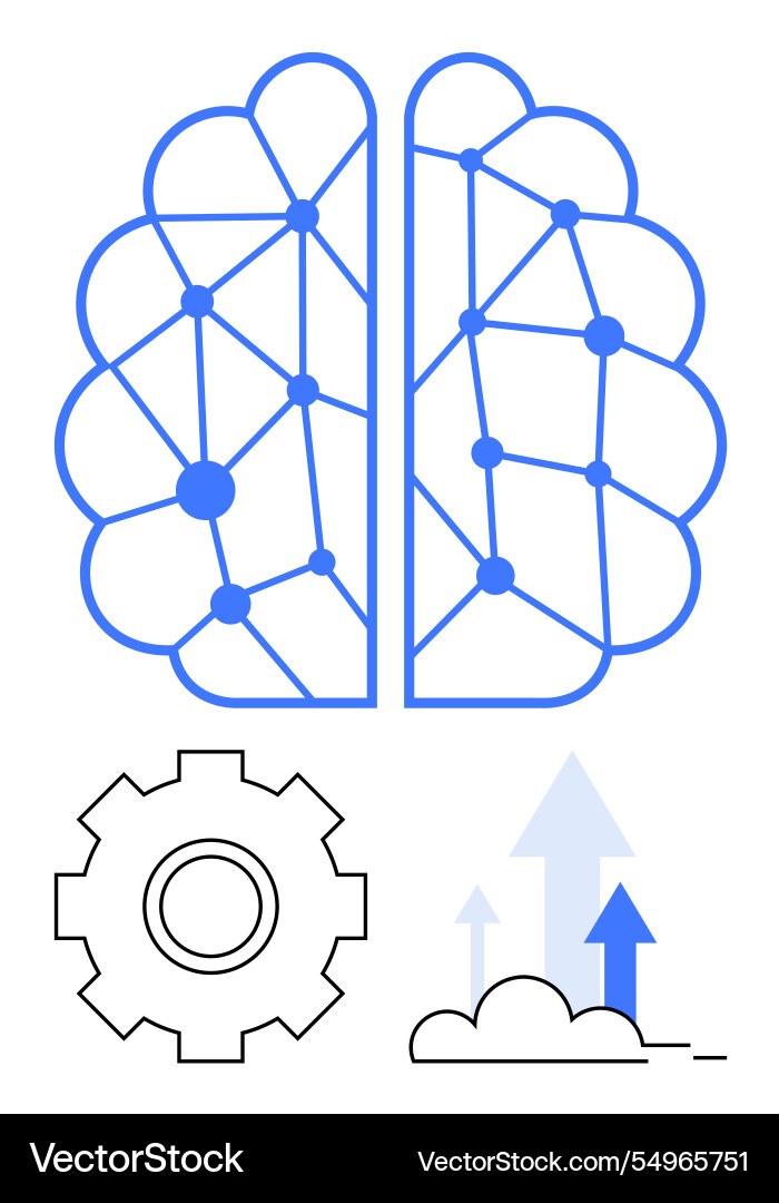 Abstract brain network with gears and upward Abstract brain network with gears and upward vector image
