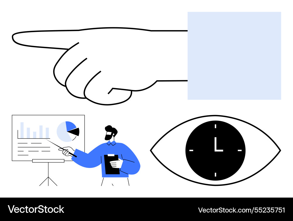 Hand pointing presenter explaining charts clock Hand pointing presenter explaining charts clock vector image