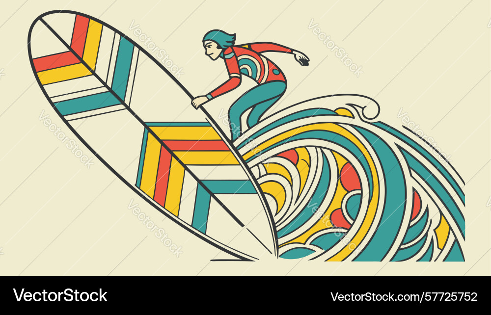 Dynamic surfer riding a wave with geometric Vector Image