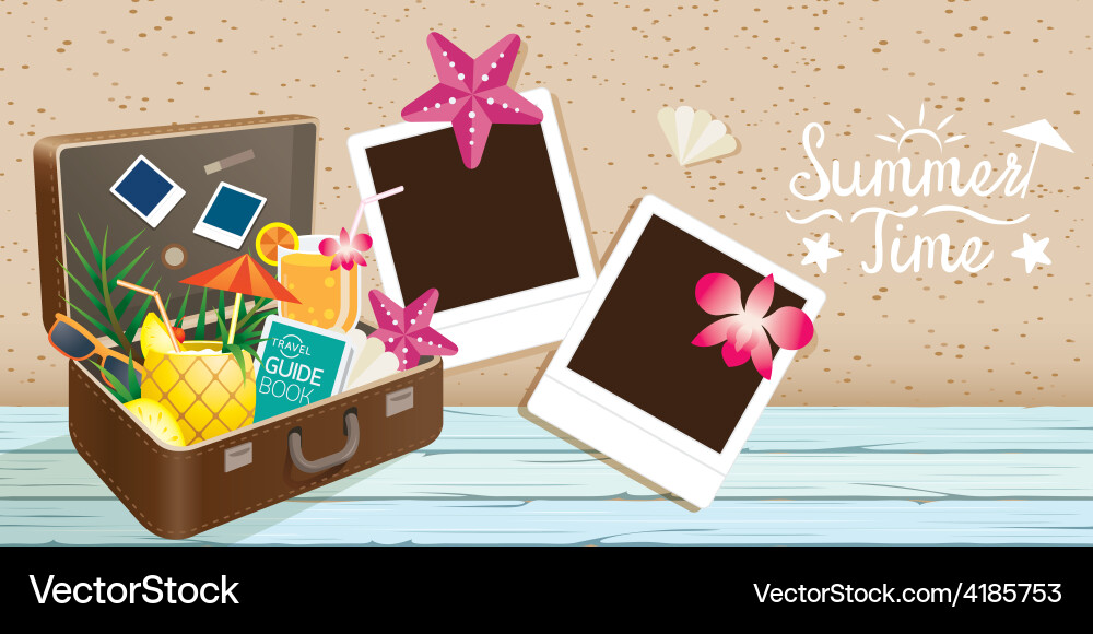 Suitcase and summer objects with frame Vector Image