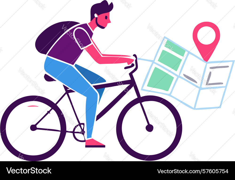 Adventurous cyclist with map navigating new Vector Image