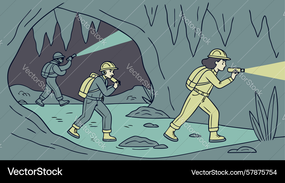 Explorers with flashlights navigating dark cave Vector Image