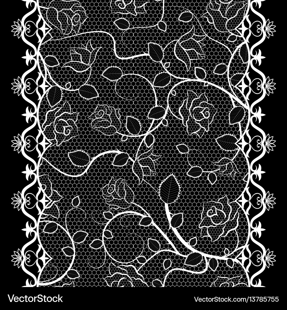 White lace seamless pattern with roses on black White lace seamless pattern with roses on black vector image