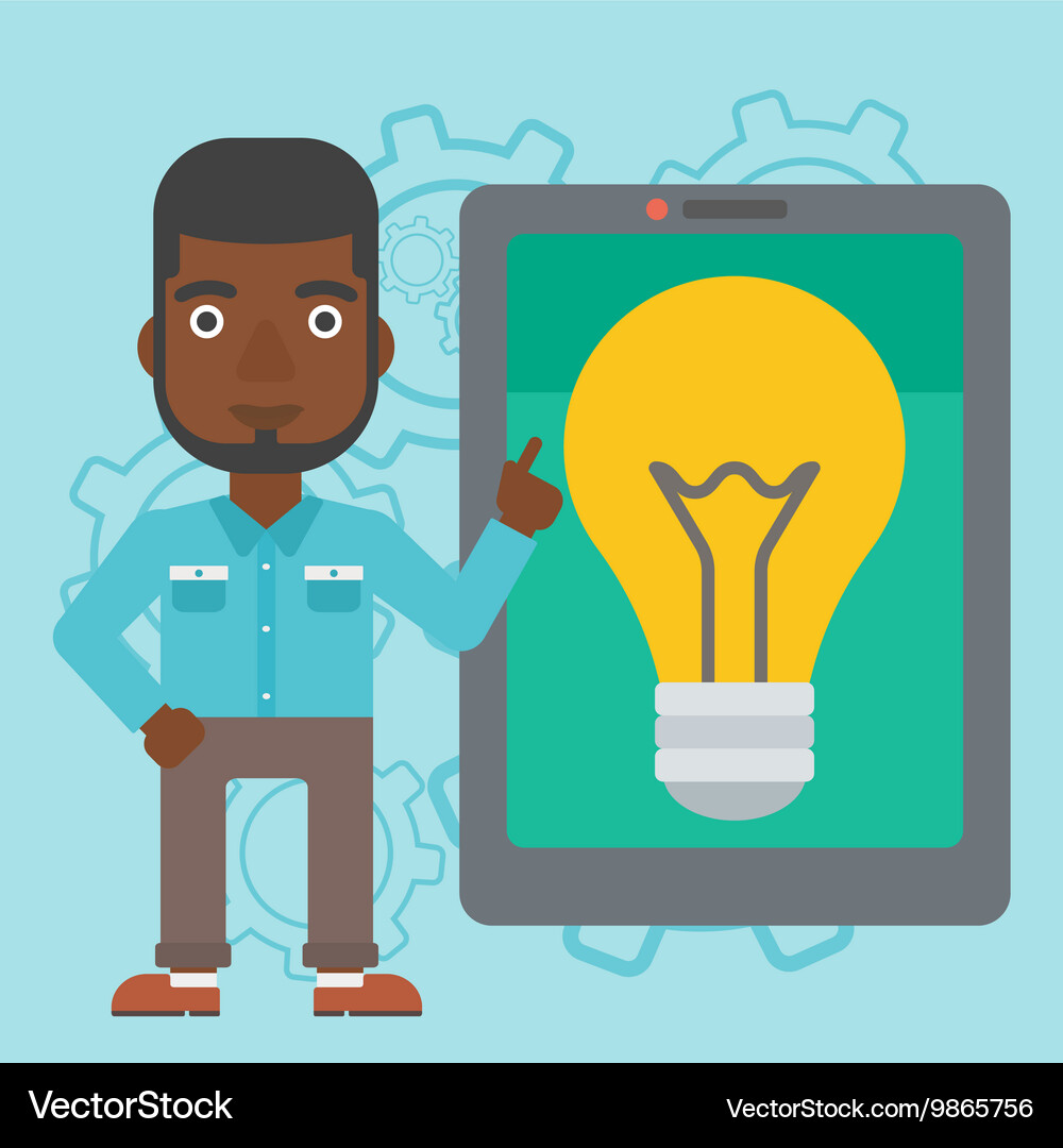Man pointing at big tablet computer Vector Image