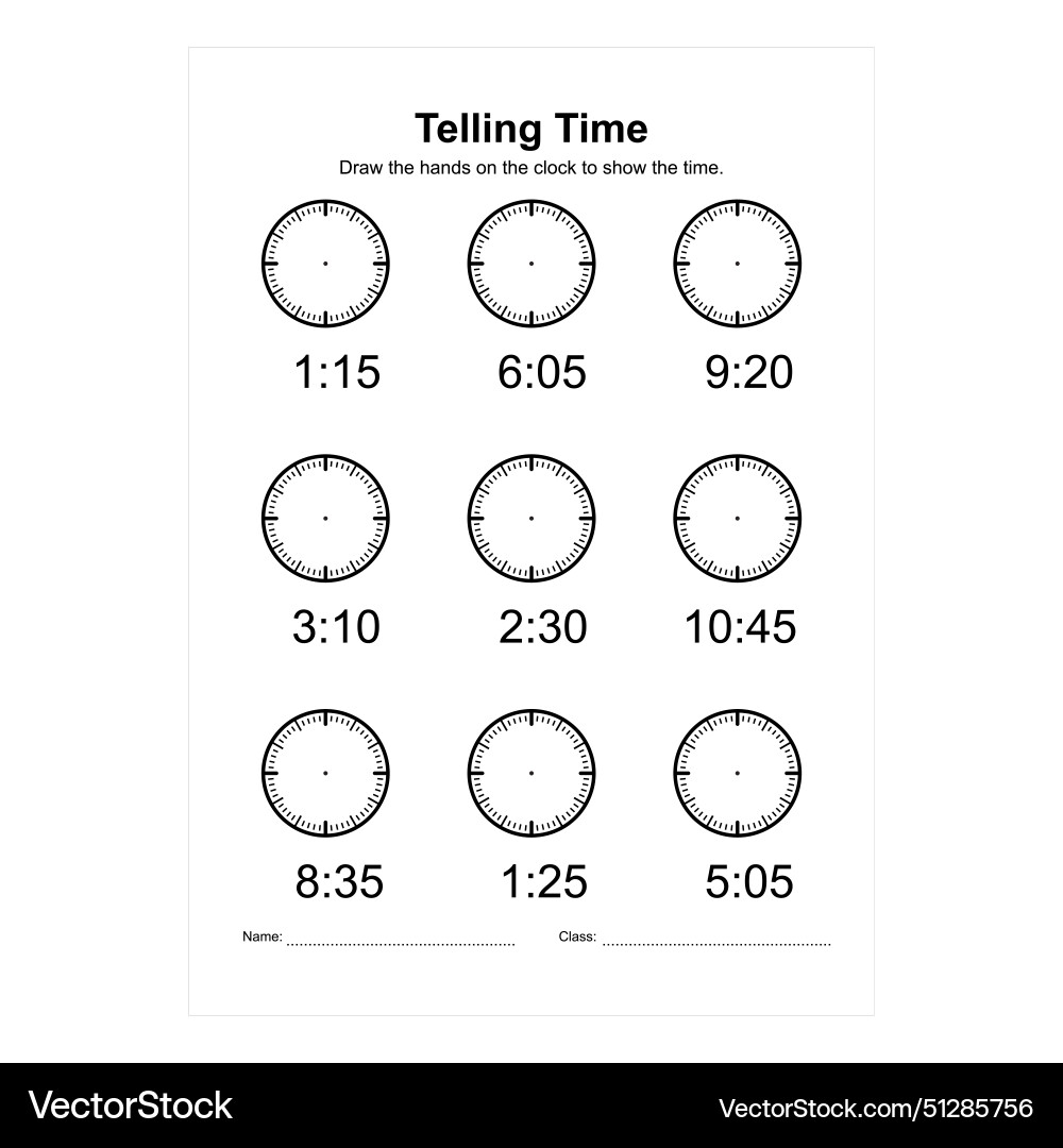 Time and clock worksheets math Royalty Free Vector Image