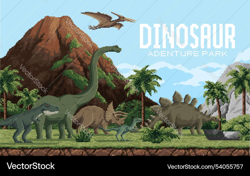 8 bit pixel prehistoric dinosaurs adventure park Vector Image