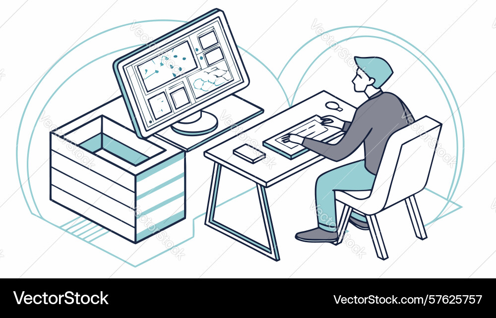 Man working on desktop computer with dual vector image